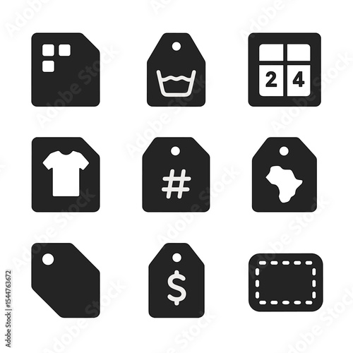 Clothing Tag Icons. Solid, filled icons set of clothing tag design: fabric composition, washing icon, size