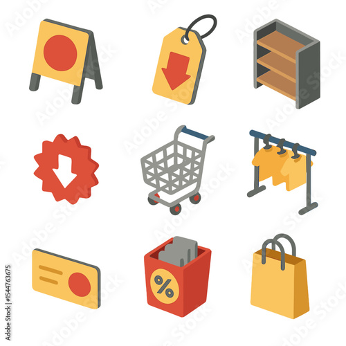 Clearance Sale Icons. Isometric Flat icon set of end-of-season clearance sale: sale signboard, clearance tag, empty shelf,