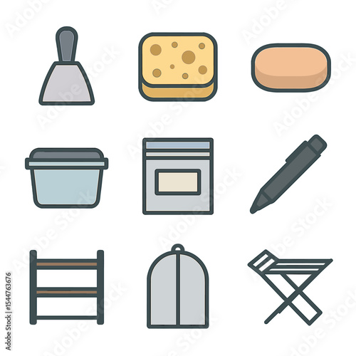 Cleanup Icons Grid. Flat icon set of cleanup and storage: wax scraper, sponge, soap bar, storage container, ziplock bag, labeling
