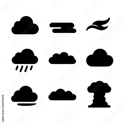 Cloud Type Icons. Solid, filled icons set of different cloud types: cumulus shape, stratus layer, cirrus wisp,