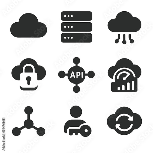 Cloud IT Icons. Solid, filled icons set of cloud-based IT management: cloud icon, server rack, data stream,