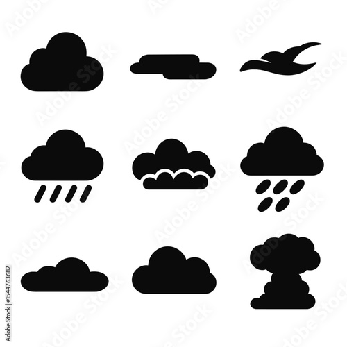 Cloud Type Icons. Solid, filled icons set of different cloud types: cumulus shape, stratus layer, cirrus wisp,