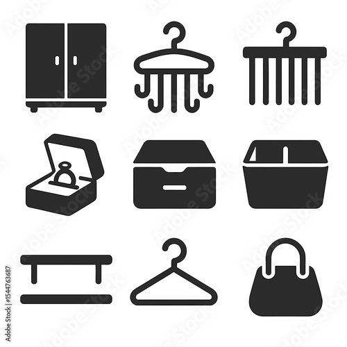 Closet Organization Icons. Solid, filled icons set of closet organization: closet icon, belt hanger, tie rack,