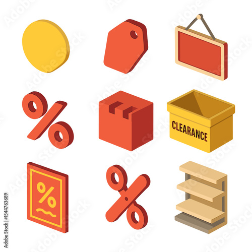 Clearance Sale Icons. Isometric Flat icon set of clearance and markdowns: clearance sticker, red price tag, “final sale” sign,