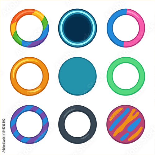 Colorful Hoop Icon Grid. Solid, filled icons set of colorful hoop designs: rainbow hoop, neon ring, two-tone