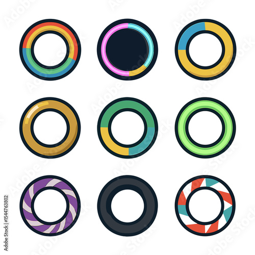 Colorful Hoop Icon Grid. Solid, filled icons set of colorful hoop designs: rainbow hoop, neon ring, two-tone