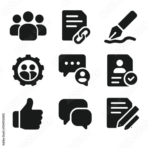 Collaborative Tools Icons. Solid, filled icons set of collaborative learning tools: group icon, shared doc,