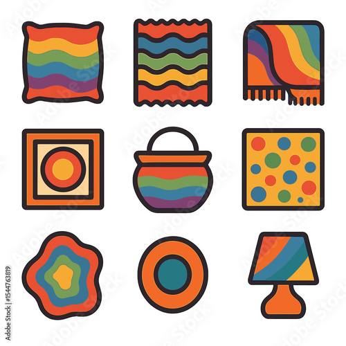 Colorful Modern Icons. Solid, filled icons set of colorful layered accents: vibrant pillow, playful rug, rainbow throw, bright wall art, 