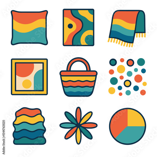 Colorful Modern Icons. Solid, filled icons set of colorful layered accents: vibrant pillow, playful rug, rainbow throw,