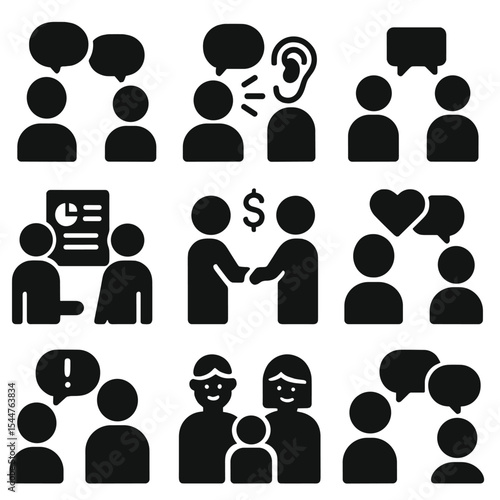 Communication Strategies Icons. Solid, filled icons set of communication strategies: calm talk, active