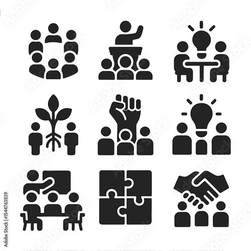 Community Activism Icons. Solid, filled icons set of community activism and solutions: meeting circle, community leader, brainstorming icon, idea sharing, 