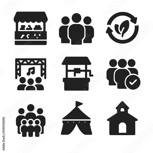 Community Business Icons. Solid, filled icons set of community-based businesses: village market, community group, co-op icon, local event, shared resource,