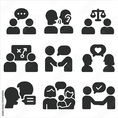 Communication Strategies Icons. Solid, filled icons set of communication strategies: calm talk, active