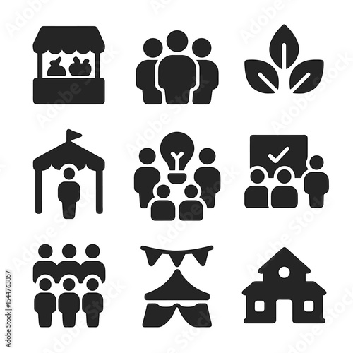 Community Business Icons. Solid, filled icons set of community-based businesses: village market, community group, co-op icon, local event, shared resource,