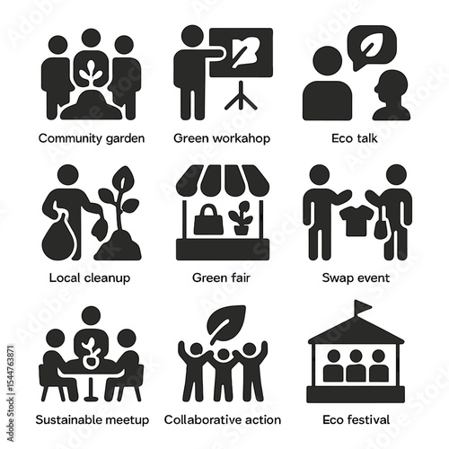 Community Eco-Action Icons. Solid, filled icons set of community eco-actions: community garden, green workshop, eco talk, local cleanup, green fair, swap event, 
