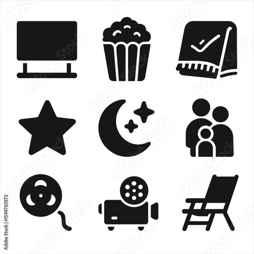 Community Cinema Icons. Solid, filled icons set of community cinema events: large screen, popcorn, cozy