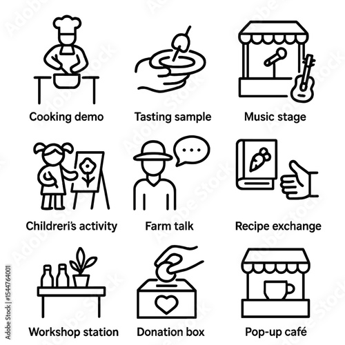 Community Market Icons. Outline icon set of community market events: cooking demo, tasting sample, music stage, children’s