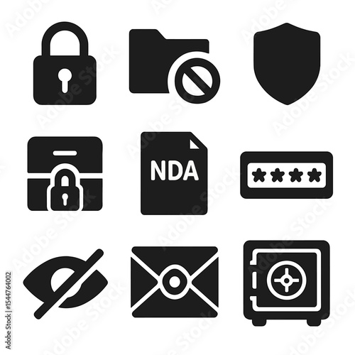 Confidential File Icons. Solid, filled icons set of confidential file handling: lock icon, restricted folder,