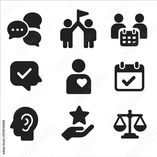 Conflict Prevention Icons. Solid, filled icons set of conflict prevention habits: group chat, shared goal icon