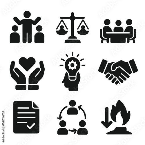 Conflict Resolution Icons. Solid, filled icons set of conflict resolution coaching: mediation icon, conflict