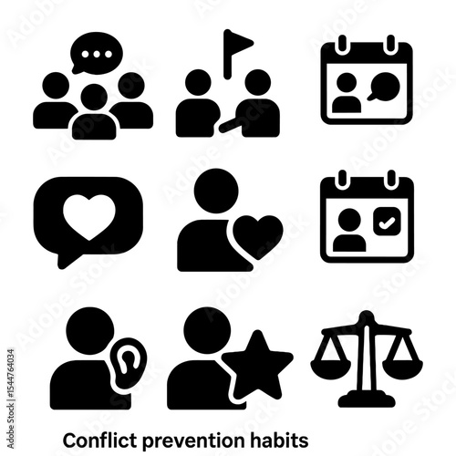 Conflict Prevention Icons. Solid, filled icons set of conflict prevention habits: group chat, shared goal icon