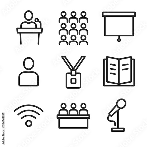 Conference Icons Set. Outline icon set of conferences: keynote speaker, auditorium seating, projector screen, audience avatar,