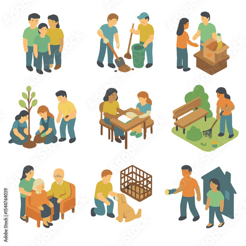 Community Volunteering Icons. Isometric Flat icon set of community volunteering: volunteer group, community clean-up, food bank