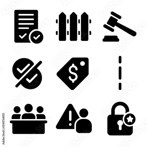 Conflict Safeguards Icons. Solid, filled icons set of conflict of interest safeguards: disclosure form,