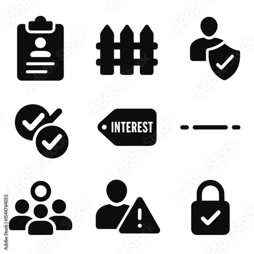 Conflict Safeguards Icons. Solid, filled icons set of conflict of interest safeguards: disclosure form,