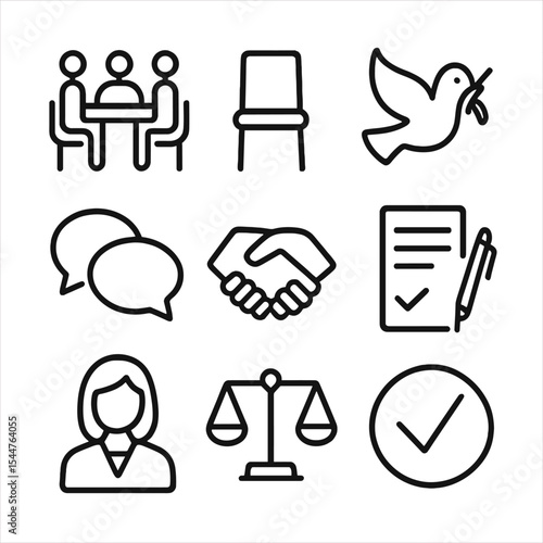 Conflict Resolution Icons. Outline icon set of conflict resolution techniques: mediation table, neutral chair, peace dove,