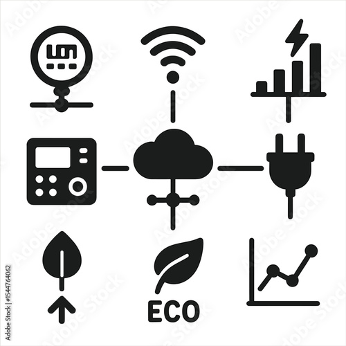 Connected Energy Icons. Solid, filled icons set of connected energy systems: smart meter, Wi-Fi icon, data cloud, energy chart, digital control, eco icon, power plug, green arrow, data analysis.