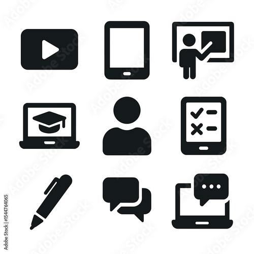 Connected Learning Icons. Solid, filled icons set of connected learning experiences: video icon, tablet icon,