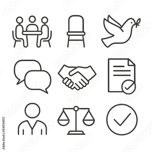 Conflict Resolution Icons. Outline icon set of conflict resolution techniques: mediation table, neutral chair, peace dove,