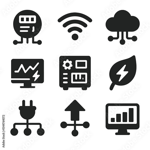 Connected Energy Icons. Solid, filled icons set of connected energy systems: smart meter, Wi-Fi icon, data cloud, energy chart, digital control, eco icon, power plug, green arrow, data analysis.