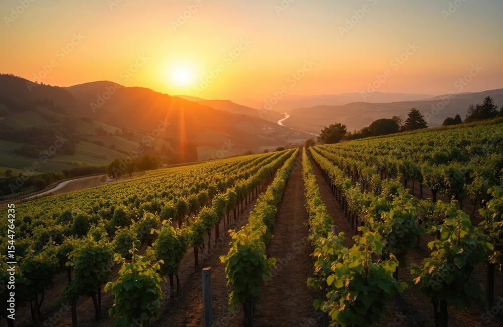 Fototapeta premium Sunrise over vineyard rows. Golden sun rays illuminate rich grape vines on a hillside. Scenic rural landscape, perfect for wine tourism, agriculture, harvest, travel concept.