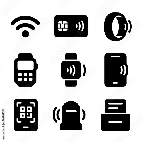Contactless Payment Icons. Solid, filled icons set of contactless payment tools: wireless signal, chip card,