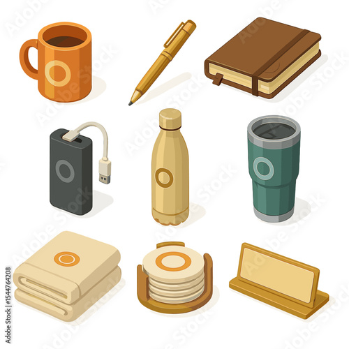 Corporate Gift Icons. Isometric Flat icon set of corporate gifts: branded mug, engraved pen, leather journal, USB power bank,