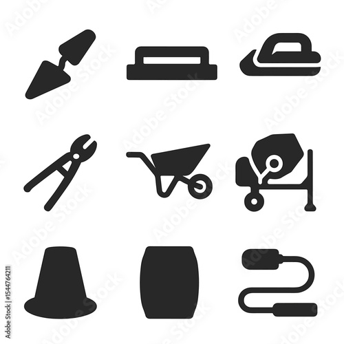 Construction Tools Icons. Solid, filled icons set of construction site concrete tools: trowel, screed, float,
