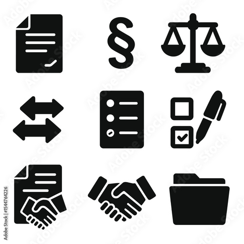 Contract Negotiation Icons. Solid, filled icons set of contract negotiation: editable document, clause symbol,