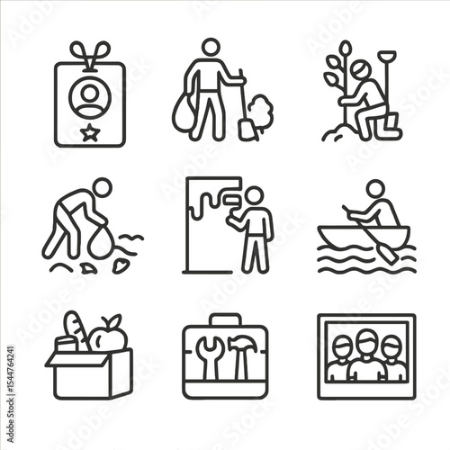 Corporate Volunteering Icons. Outline icon set of corporate volunteering day: volunteer badge, park clean-up, tree planting, beach