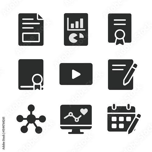 Content Strategy Icons. Solid, filled icons set of content marketing strategy: blog post, infographics, case