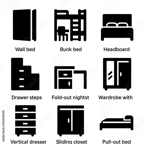 Convertible Bedroom Icons. Solid, filled icons set of convertible bedroom furniture: wall bed, bunk bed with