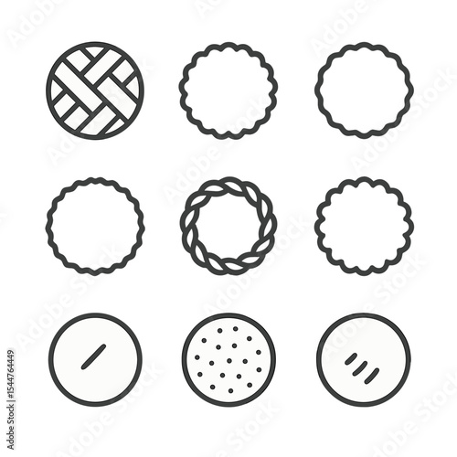 Crust Texture Icons. Outline icon set of crust textures and patterns: lattice top, crimped edge, fluted rim, rough edge, braided