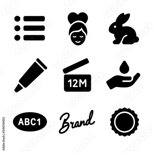 Cosmetic Packaging Icons. Solid, filled icons set of cosmetic packaging layouts: ingredient list, skin type
