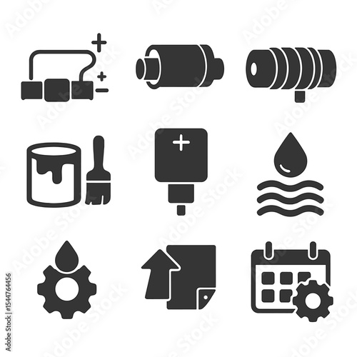 Corrosion Prevention Icons. Solid, filled icons set of corrosion prevention systems: cathodic protection, pipe