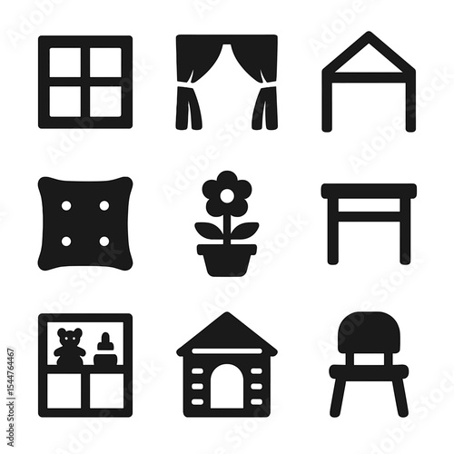 Cottage Playhouse Icons. Solid, filled icons set of cottage-inspired playhouse features: window icon, toy
