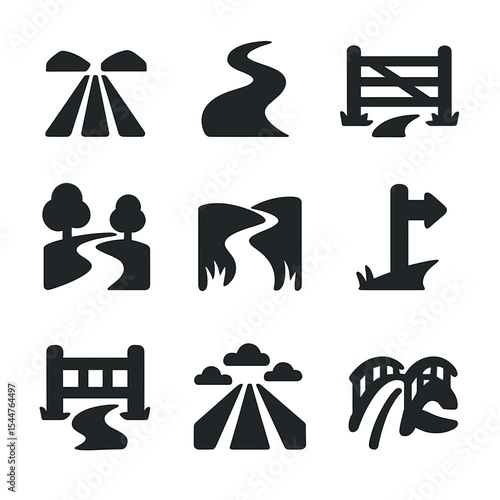 Country Path Icons. Solid, filled icons set of country path and journey: dusty road, winding lane, wooden gate