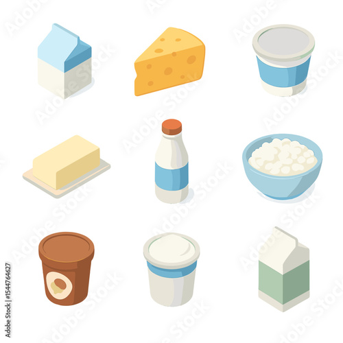 Dairy Aisle Icons. Isometric Flat icon set of dairy products aisle: milk carton, cheese wedge, yogurt cup, butter stick, cream