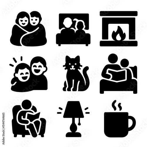 Cozy Home Icons. Solid, filled icons set of homey and cozy moments: blanket snuggle, family movie, cozy fire, hot cocoa, laughter moment, family pet, bedtime story, cozy reading, warm light.