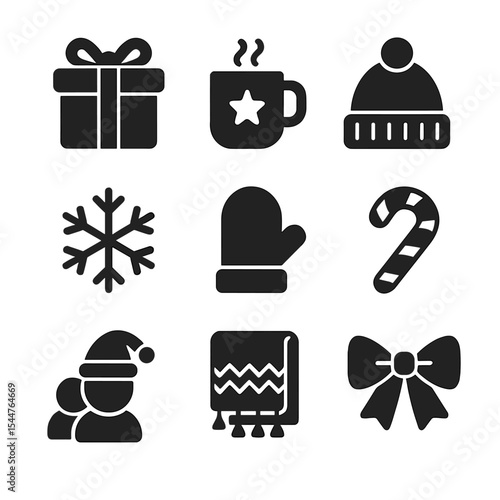 Cozy Holiday Icons. Solid, filled icons set of cozy holiday gift sharing: gift icon, holiday mug, winter hat,